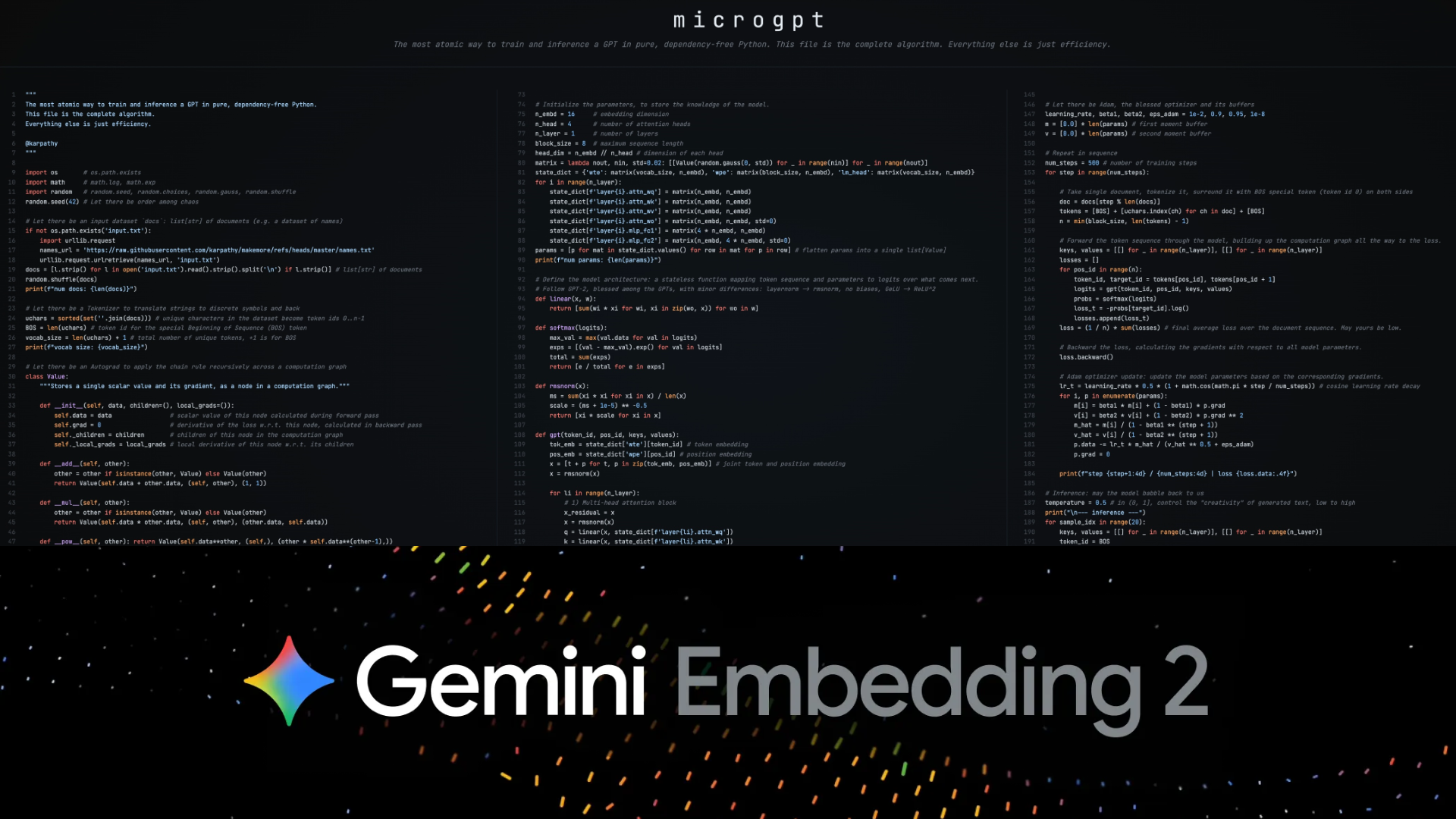 Screenshot of Karpathy's microgpt code with Gemini Embedding 2 logo overlay
